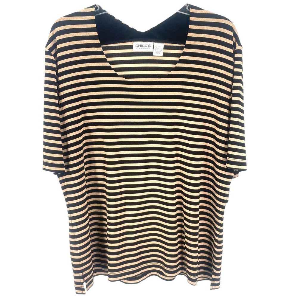 Chico’s Black Gold Shimmer Striped Scoop Front V Back Top Size 3, US 16/X-Large